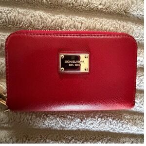 Michael Kors Red Saffiano Leather Zip Around  Wallet Gold Logo Plate